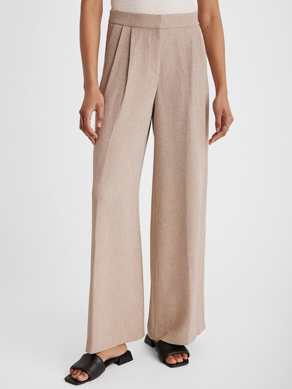 Express Textured Beige Stylist Wide-Leg Pleated Women's Pants - 12 Long